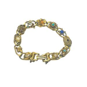 Vintage Goldette N.Y.‎ Floral Charm Bracelet Faux Gemstones & Pearls